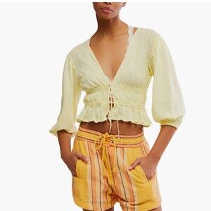 NEW Free People Let's Go Tie Front Linen & Cotton Top Size Large